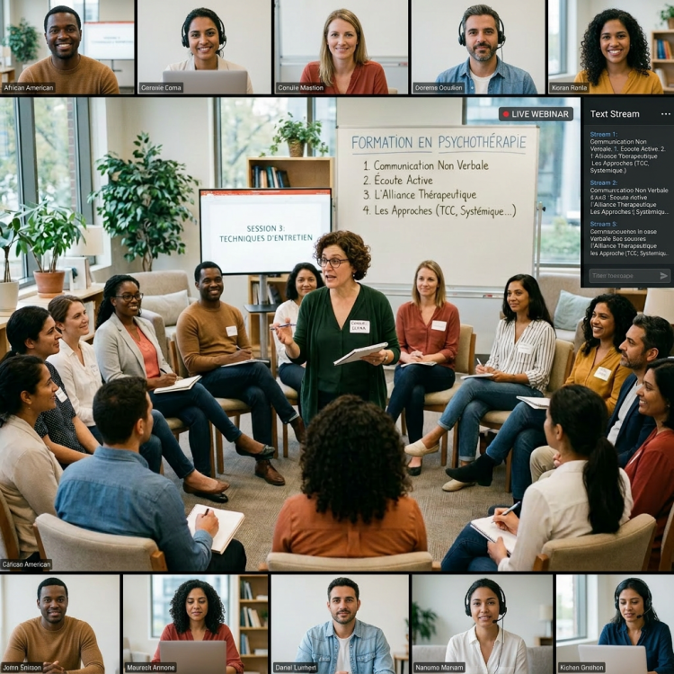 Group of adults seated in a circle engaged in a psychotherapy training session with facilitator speaking